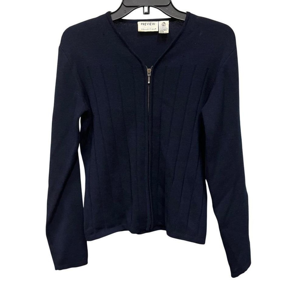 Preview Collection Navy Blue‎ 100% Merino Wool Zip Up Ribbed Cardigan Sweater S
